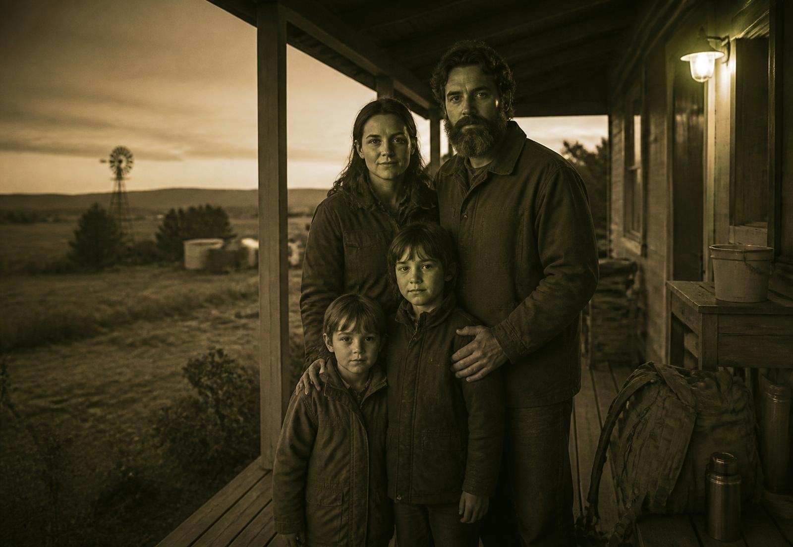 A calm family standing together on the porch of a rural home at dusk